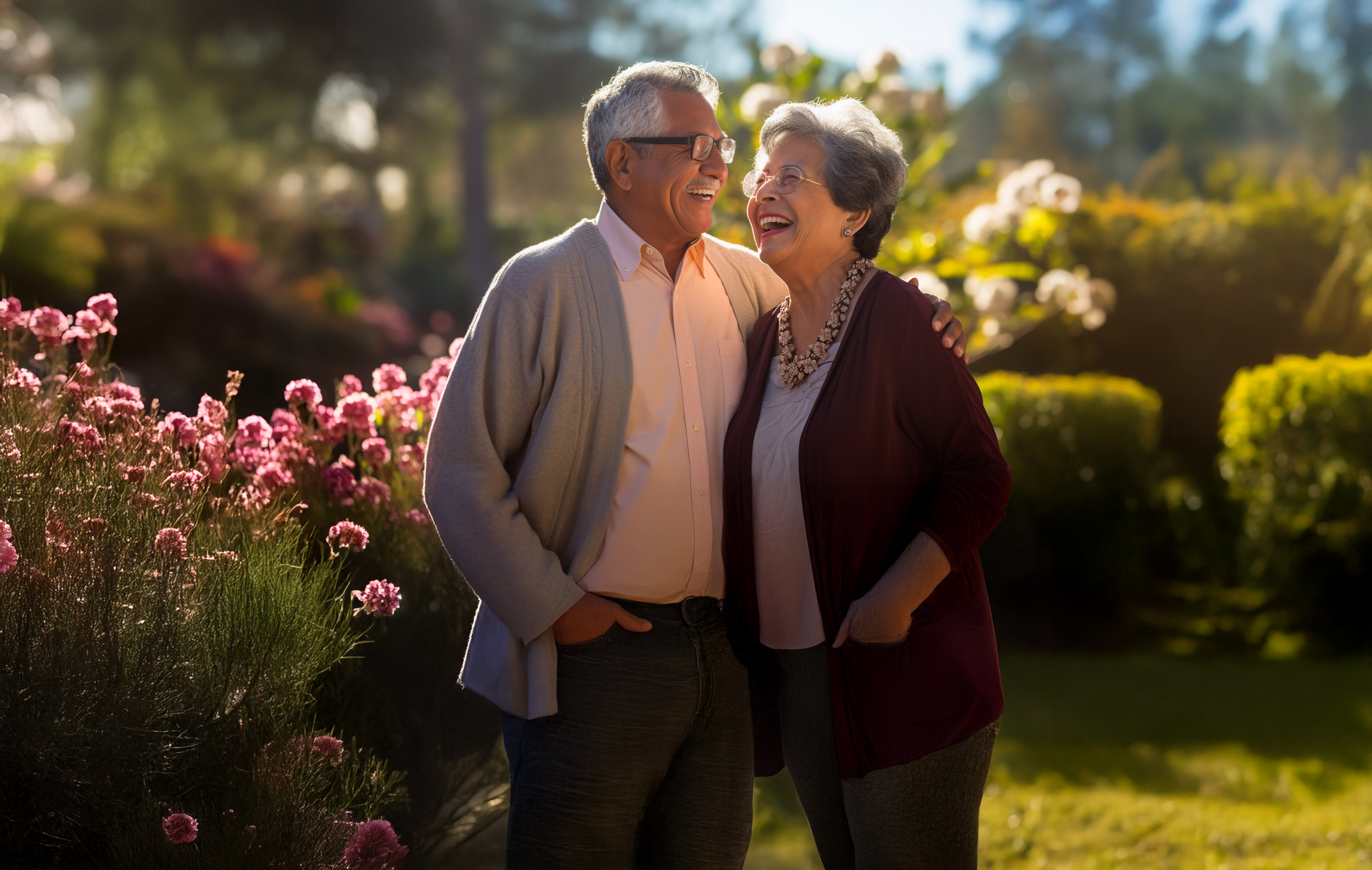 Couple hugging outdoors and smiling.